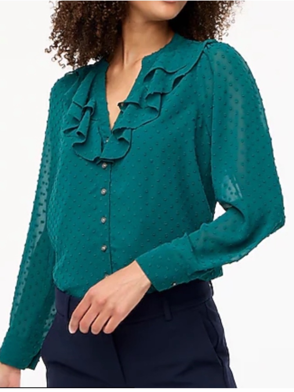 J. Crew Dark Green Swiss Dot Ruffled Button-Up Blouse